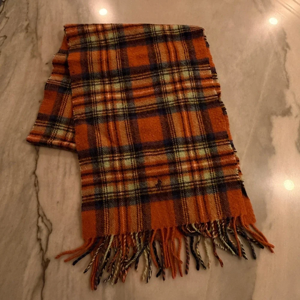 Vintage Ralph Lauren Scarf 80s Lambswool Orange Plaid Scotland Polo Pony FLAWED